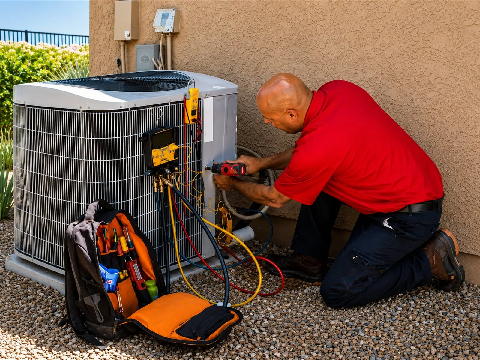 HVAC technician servicing an outdoor unit