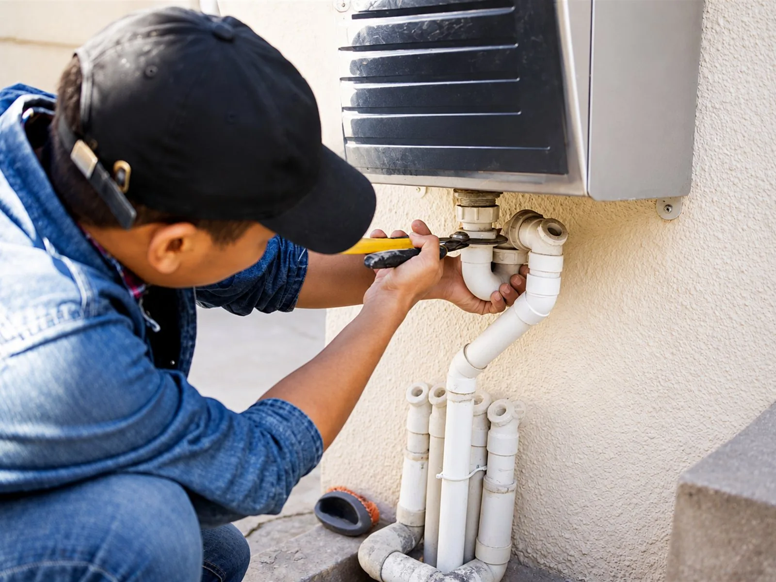 Plumber repairing pipework at a home
