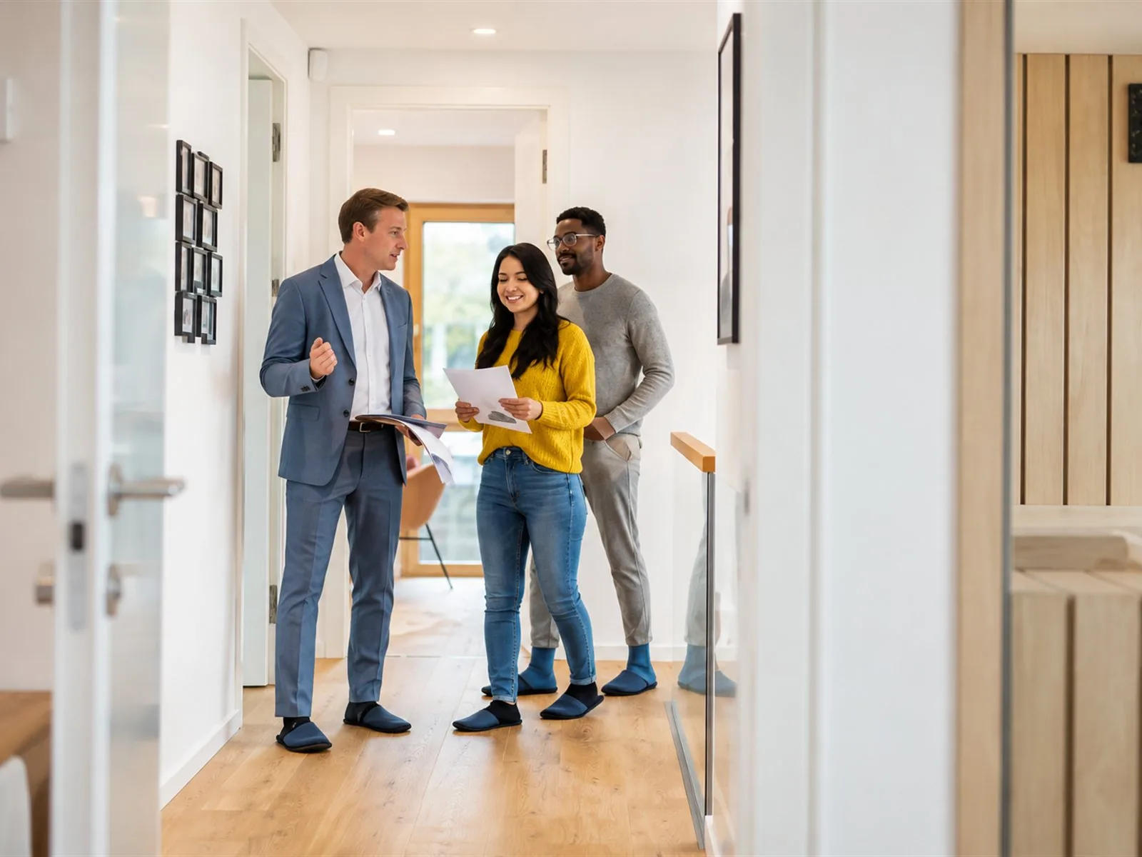 Real estate agent showing a home to buyers