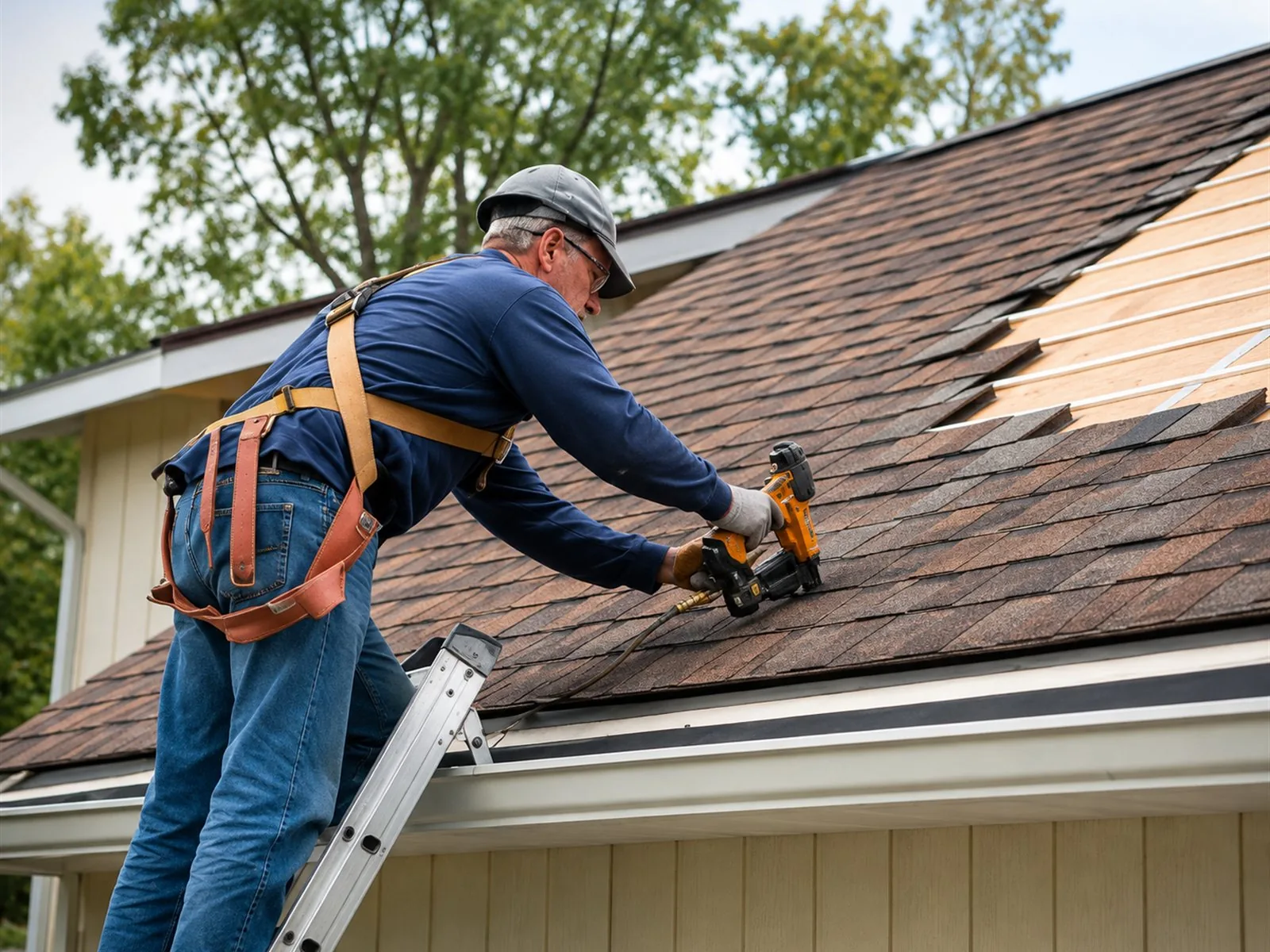 Roofer installing shingles on a residential roof